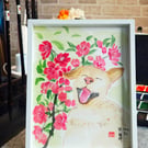 Original Framed Dog Painting, Chinese Colour Painting on Xuan Card, 20cm x 25cm