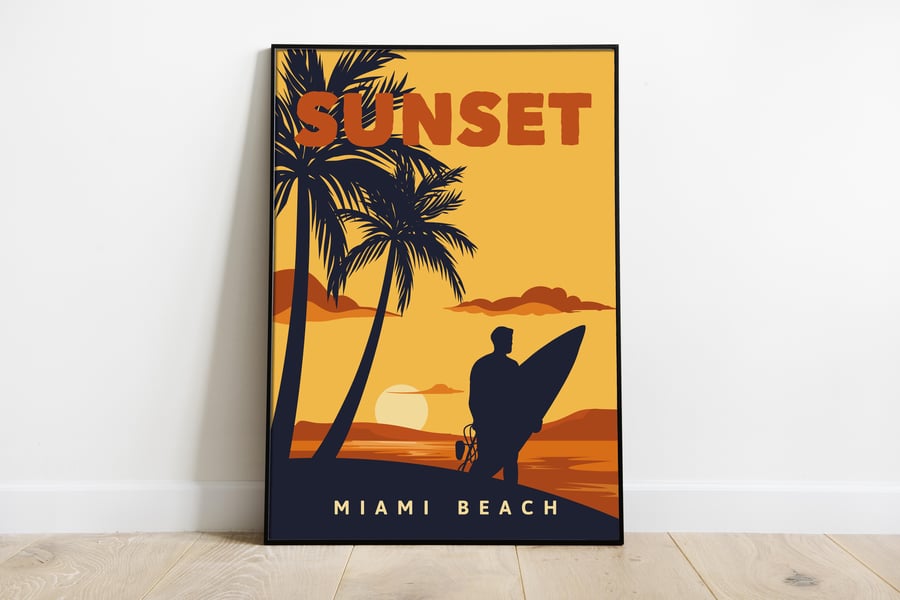 Miami retro travel poster, Miami sunset wall print, retro wall art