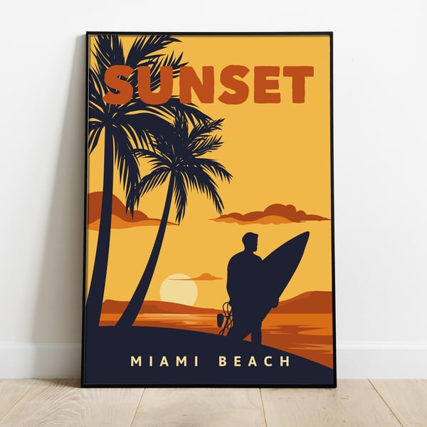 Miami retro travel poster, Miami sunset wall print, retro wall art