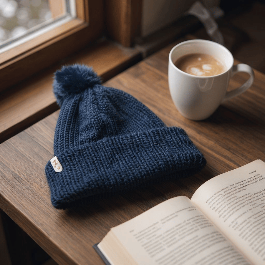 Knitted Pompom hat,  small Adults black