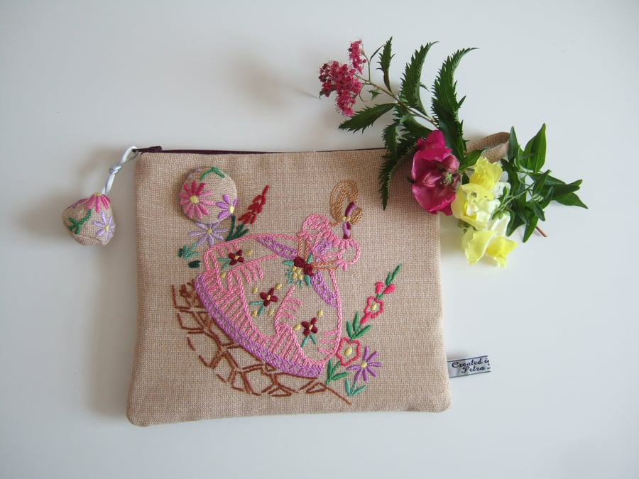 Pink homespun vintage embroidered crinoline lady zip up bag.