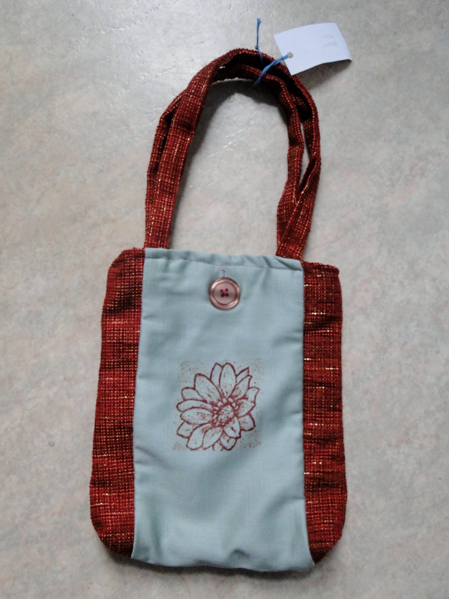 Red Flower Collagraph Hand Printed Small Bag