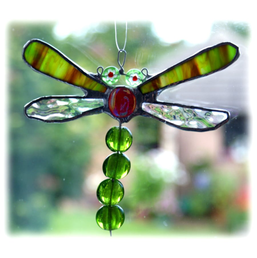 RESERVED for Rosehip Dragonfly Suncatcher Stained Glass Green Bead-Tailed  