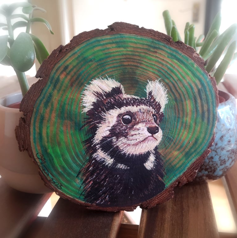 Marbled Polecat - Original Painting on Wood Slice