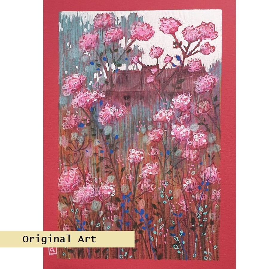 View through pink flowers, floral landscape artwork, original drawing, wall art