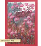 View through pink flowers, floral landscape artwork, original drawing, wall art