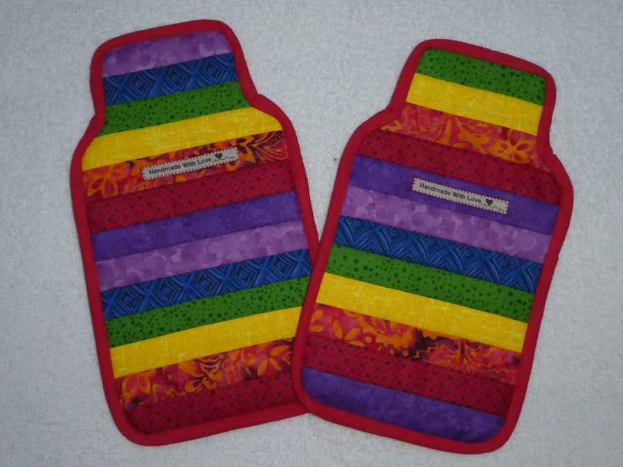 Patchwork Hot Water Bottle Cover.  Rainbow with Red Trim.