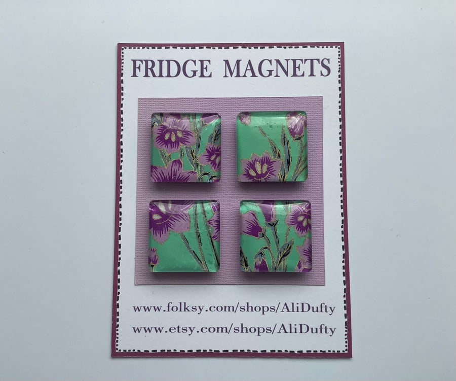 FRIDGE MAGNETS ( set of 4 ) Yuzen . Floral. Glass .Square. Purple , green.