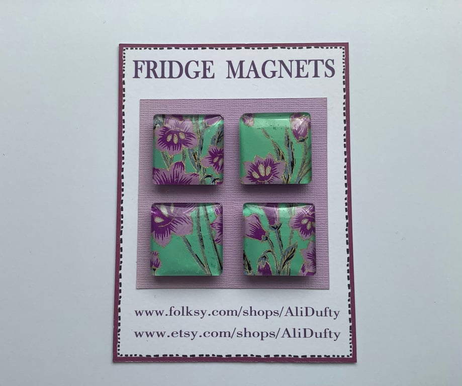 FRIDGE MAGNETS ( set of 4 ) Yuzen . Floral. Glass .Square. Purple , green.