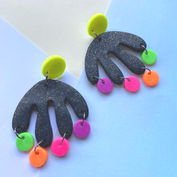 Sparkly black statement earrings, neon polymer clay earrings, neon earrings, sta