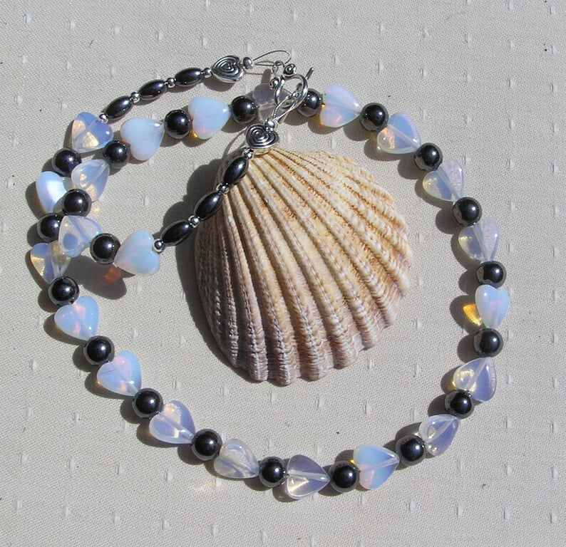 Hematite and Opalite Heart Beaded Gemstone Statement Necklace "Midnight Ice"