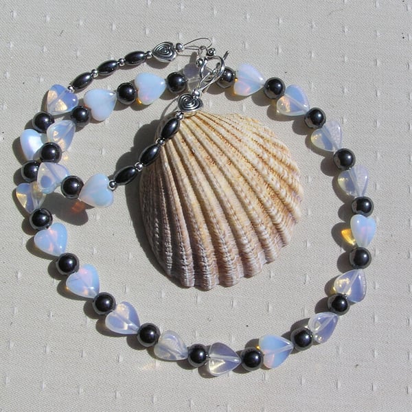 Hematite and Opalite Heart Beaded Gemstone Statement Necklace "Midnight Ice"