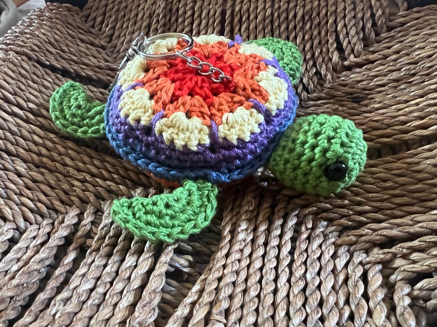Handmade Turtle Crochet Bag Charm - Rainbow