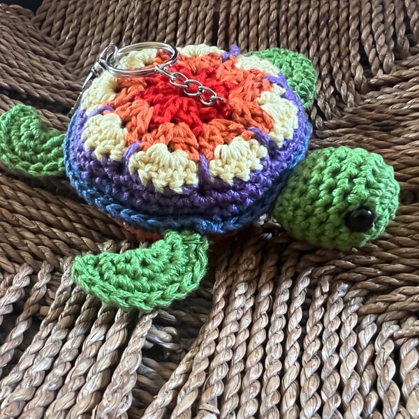 Handmade Turtle Crochet Bag Charm - Rainbow