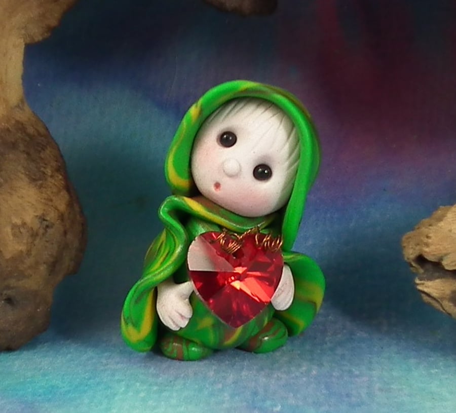 Sale Tiny Valentine Gnome 'Ruby' with crystal heart OOAK Sculpt by Ann Galvin