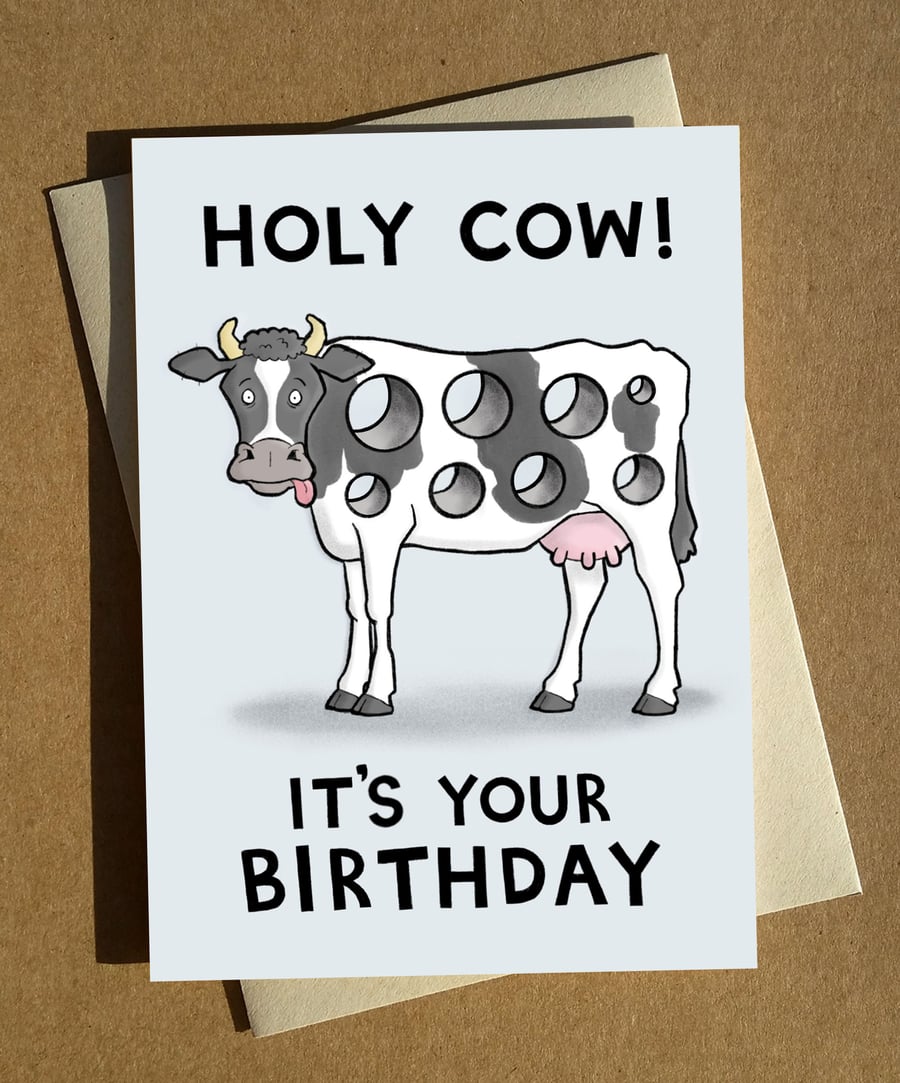 Holy Cow Birthday Card A6 - Cow Pun Birthday Cartoon Humour Card