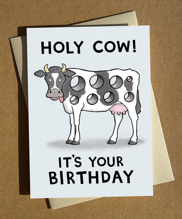 Holy Cow Birthday Card A6 - Cow Pun Birthday Cartoon Humour Card