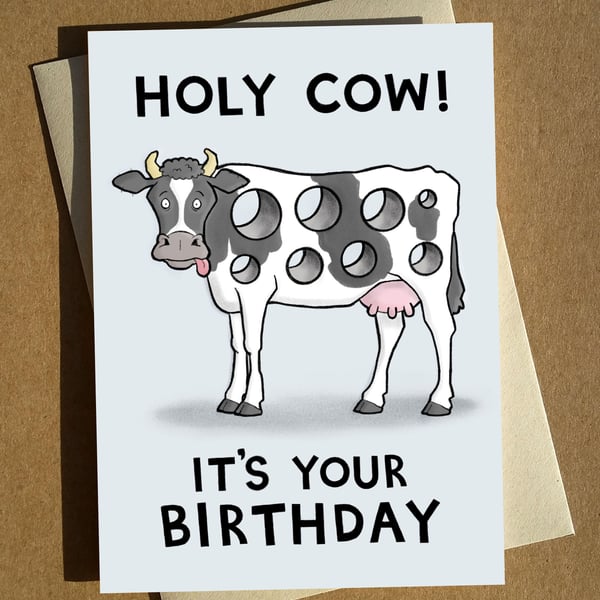 Holy Cow Birthday Card A6 - Cow Pun Birthday Cartoon Humour Card
