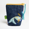 Blue denim coin purse with fish embroidery