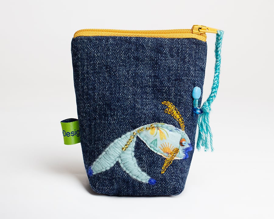 Blue denim coin purse with fish embroidery