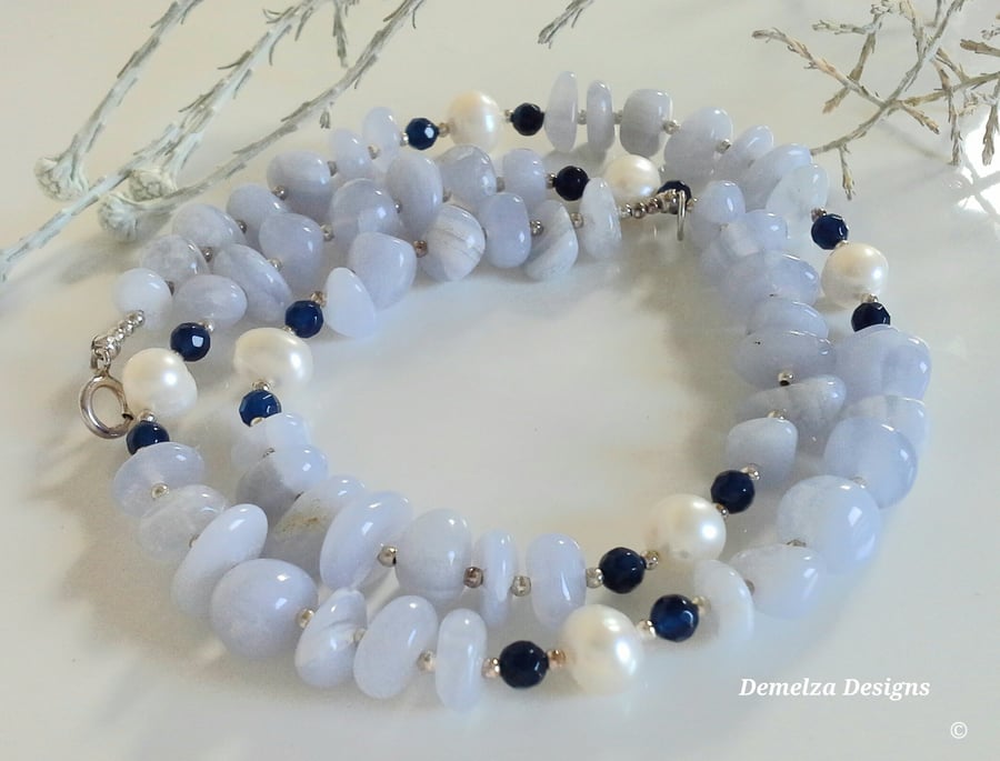 Blue Lace Agate & Freshwater Pearl,  Faceted Blue Agate Necklace 