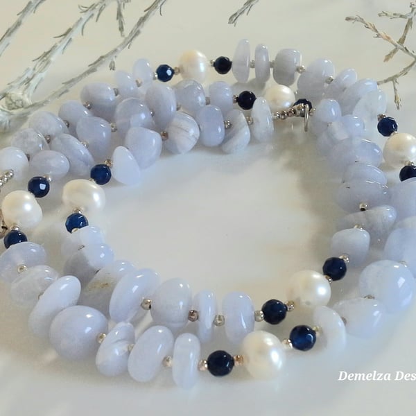 Blue Lace Agate & Freshwater Pearl,  Faceted Blue Agate Necklace 