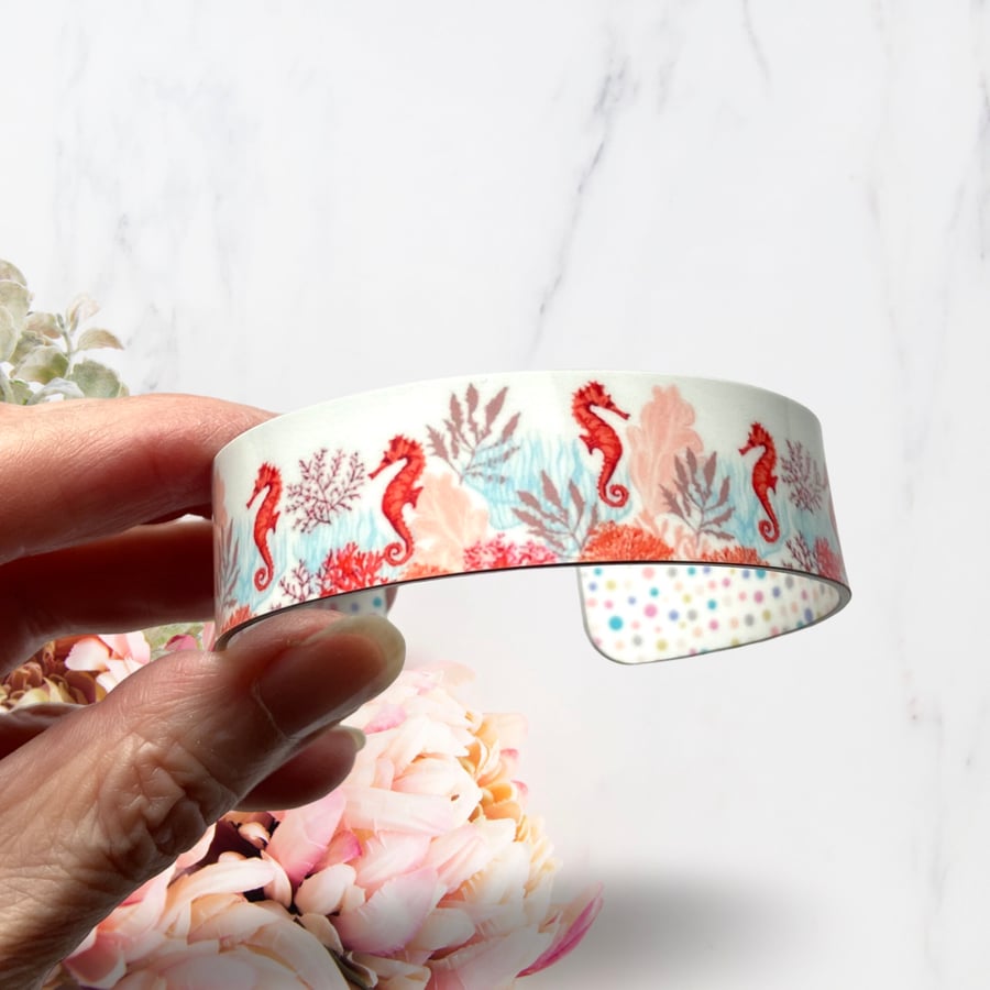 SALE seahorse bangle, sea life metal cuff bracelet. Perfectly imperfect