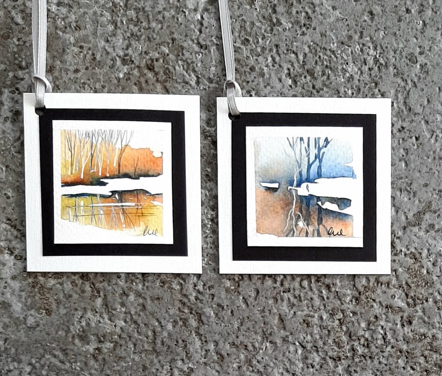 Snowcene Winter's Day Landscape. Handpainted Christmas Gift Tags. Pack Of Two. 