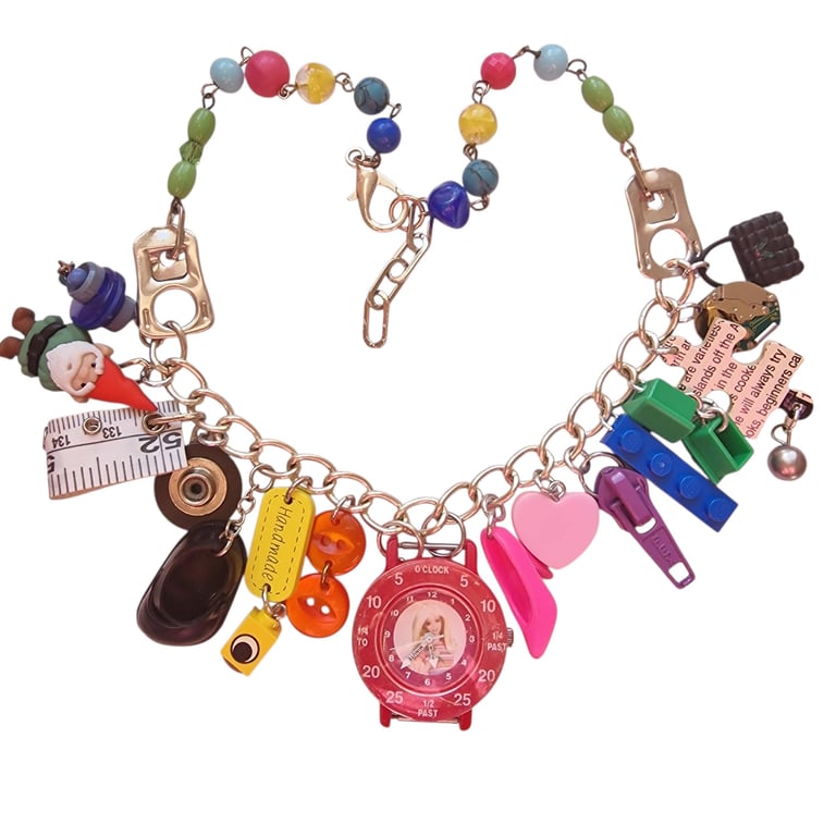 Barbie Watch & Vintage Toy Assemblage Necklace - Rainbow Upcycled Mixed Media