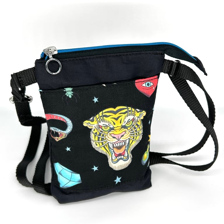 Small crossbody bag with a tiger tattoo theme cotton print, adjustable strap