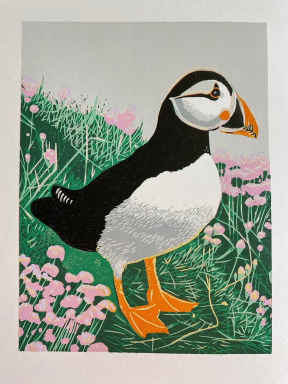  Puffin and Sea Pinks - Handmade Limited Edition Lino Print -