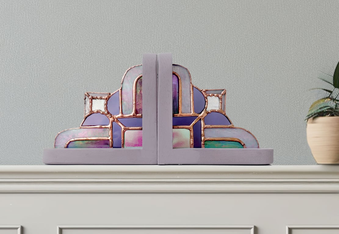 Art Deco Style Stained Glass Bookends.  Amethyst Purple and Lilac