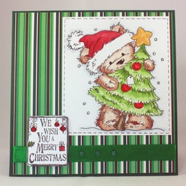 Handmade Christmas card - cute bear with Christmas tree