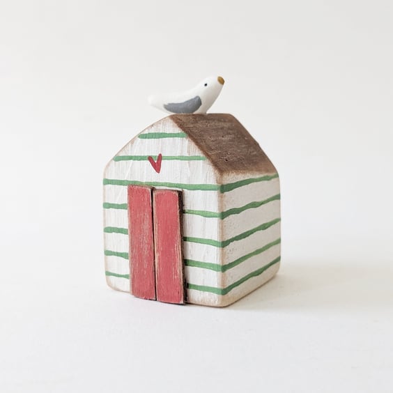 Hand Painted Wooden Beach Hut with Seagull 