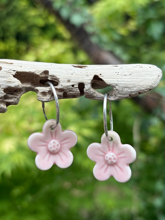 Sterling Silver Endless Hoop Earrings with Pink Glazed Porcelain Flowers 2