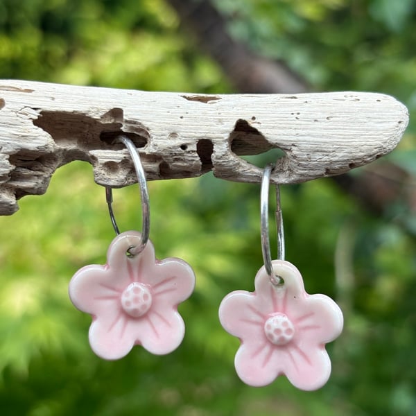 Sterling Silver Endless Hoop Earrings with Pink Glazed Porcelain Flowers 2