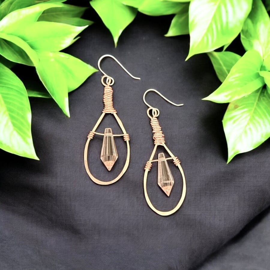 Sterling Silver Copper Art Deco Crystal Earrings, Dangle, Vibrant - Gift Boxed