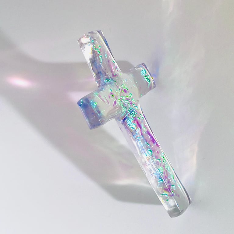Dichroic Resin Cross Pendant: Iridescent Opal Crucifix Necklace 7x4.7cm