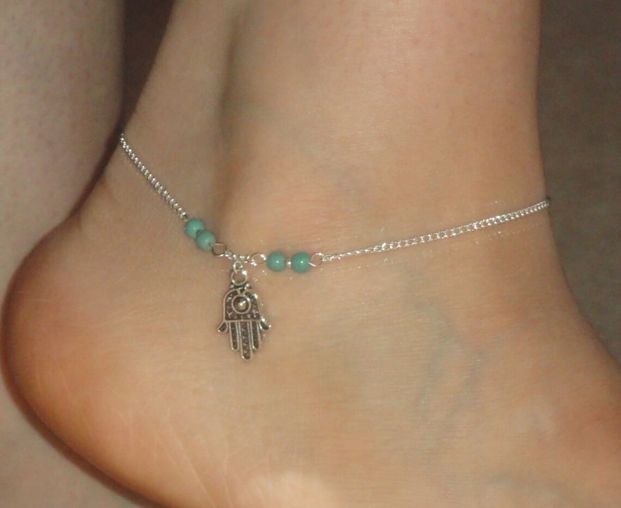 Hamsa ankle bracelet with turquoise gemstone beads