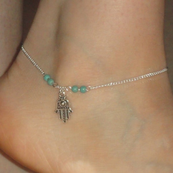 Hamsa ankle bracelet with turquoise gemstone beads