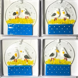 Seagulls snowglobe  - fused glass decoration