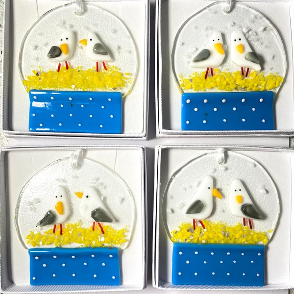 Seagulls snowglobe  - fused glass decoration