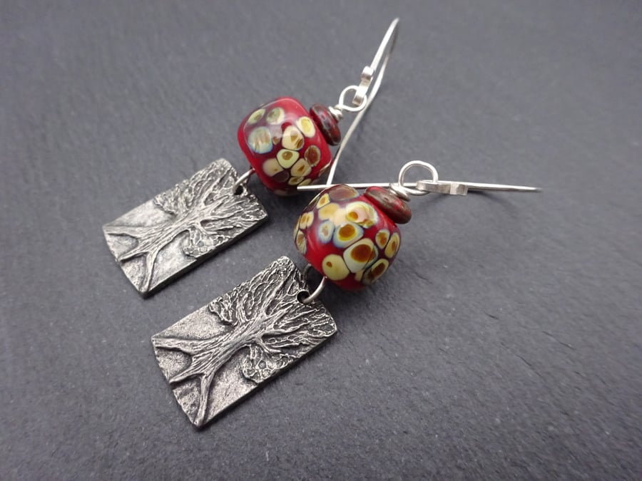 red lampwork glass tree earrings