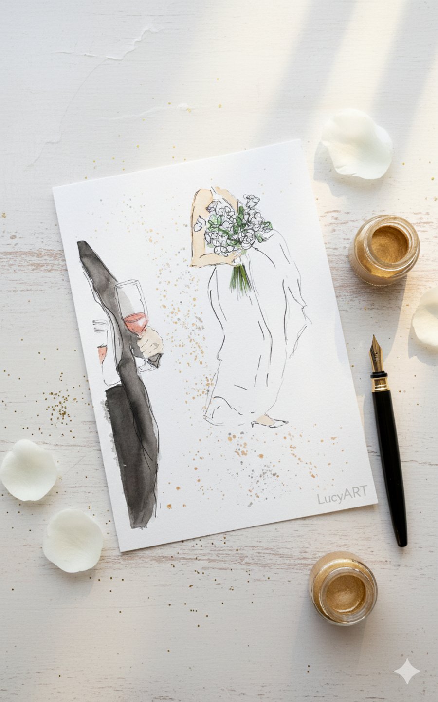 A6 Custom wedding illustration, faceless couple watercolour 