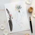 A6 Custom wedding illustration, faceless couple watercolour 
