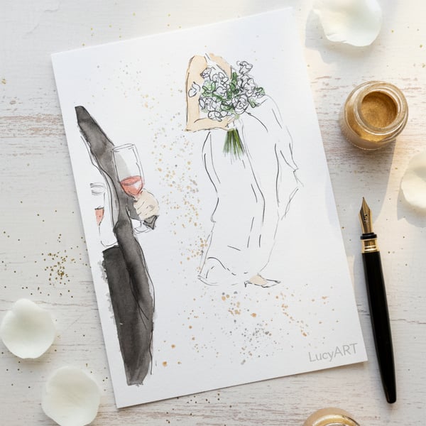 A6 Custom wedding illustration, faceless couple watercolour 