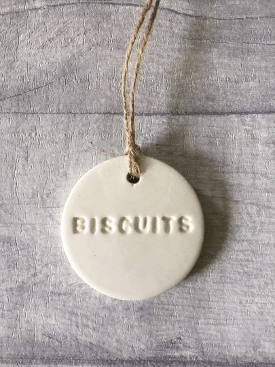 Handmade ceramic biscuits tag. Biscuits storage jar label. BISCUITS OPTION.