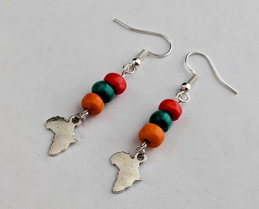 Africa map earrings with multi coloured wooden beads