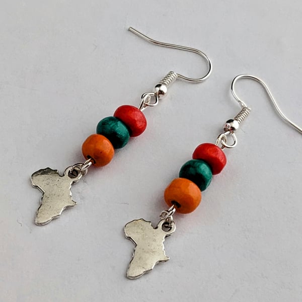 Africa map earrings with multi coloured wooden beads