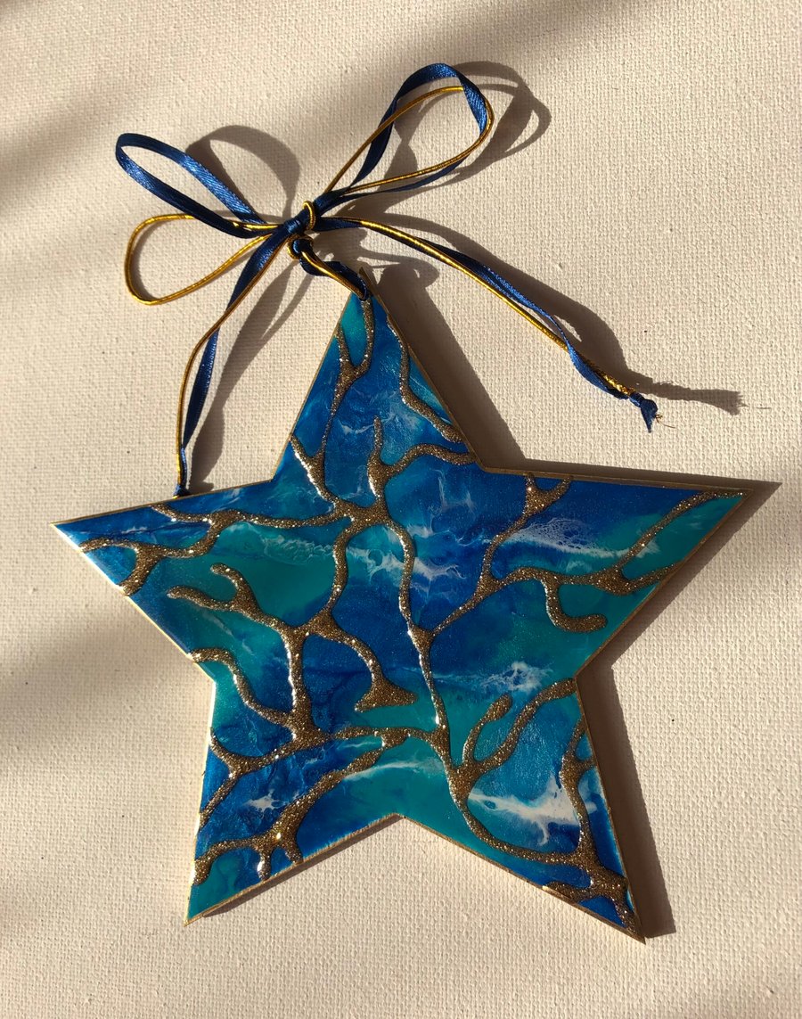 Star ornament, decoration, blue, turquoise, gold, glitter backing